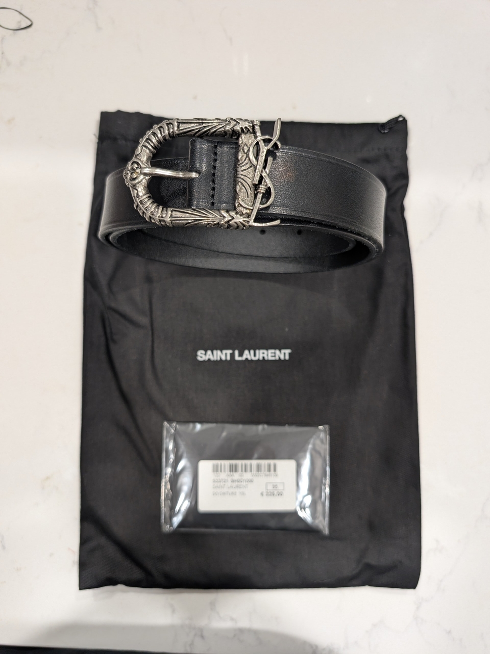 Saint Laurent Monogram Leather Belt with Ornate Silver Buckle (95cm)